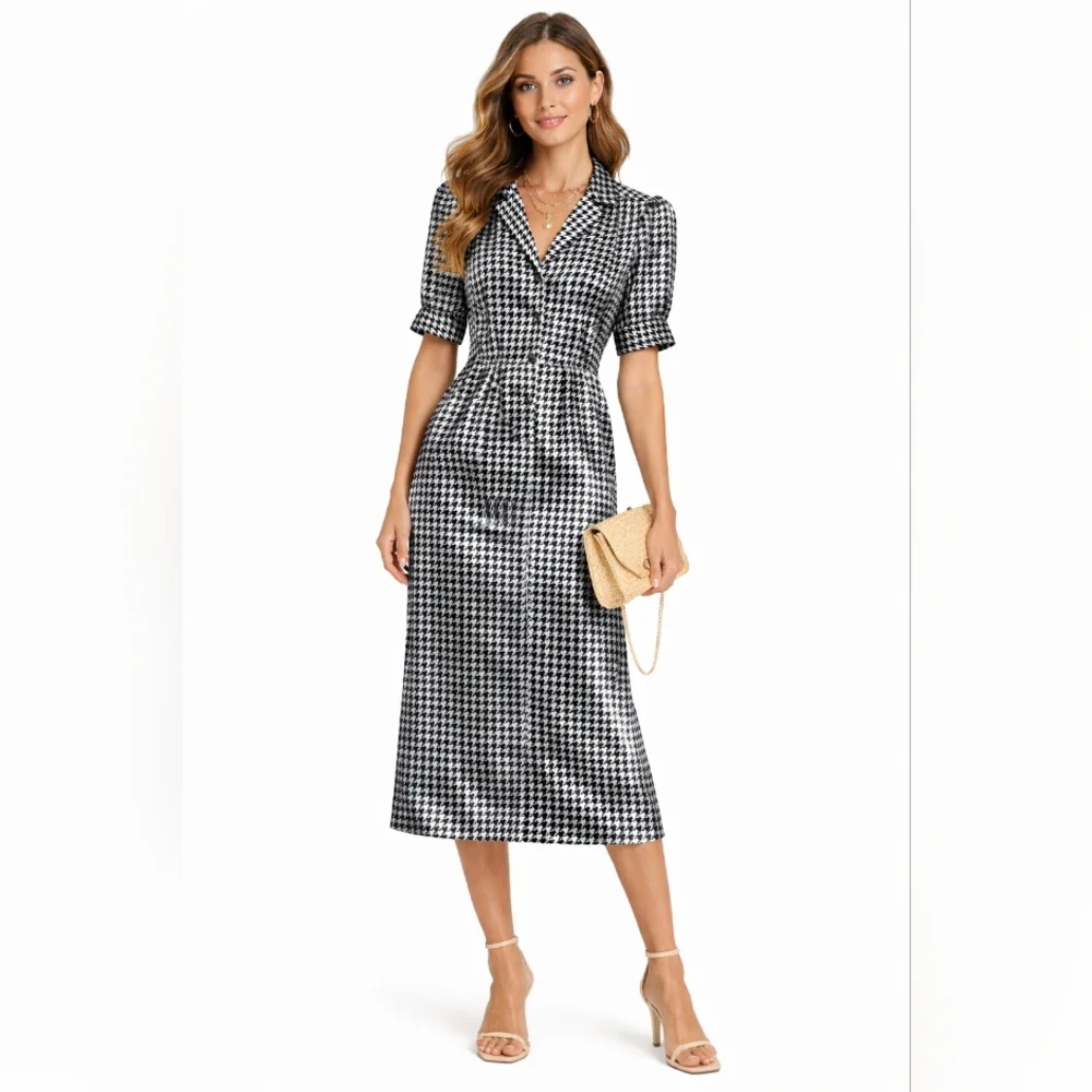 Vintage RARE BCBG Paris Silk Satin Houndstooth Shirt Dress Size 6 - Picture 1 of 16